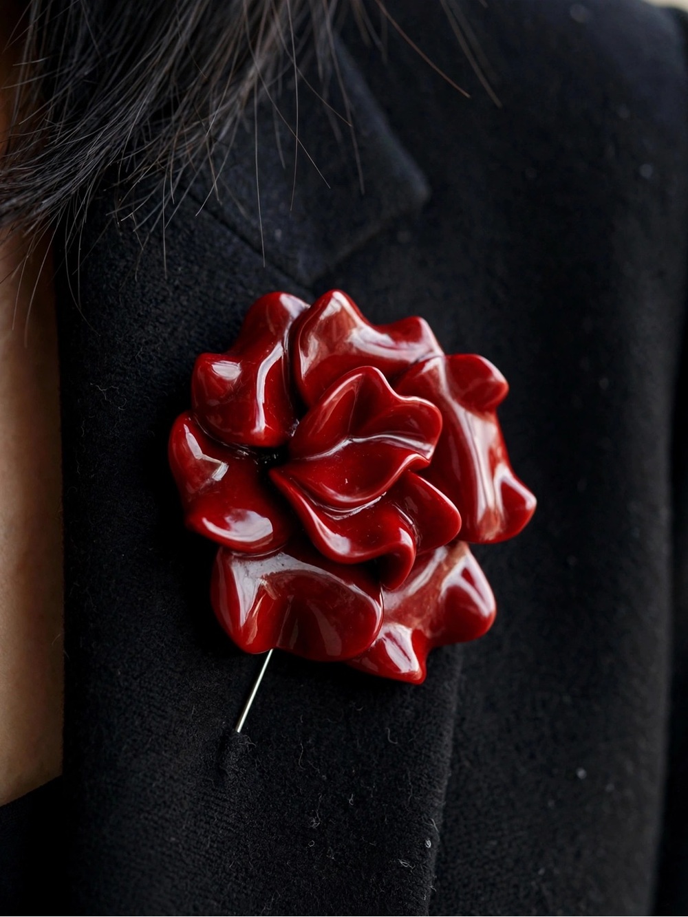 New Amimi Red Rose Brooch Large Enamel Flower Pin Statement Retro Sculptural